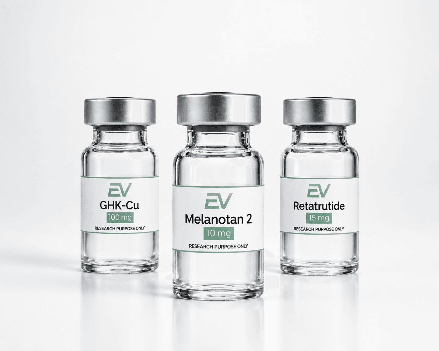 EuroVials research peptide vials — GHK-Cu, Melanotan 2, Retatrutide